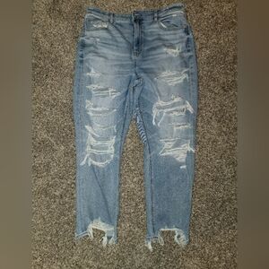 American Eagle Outfitters Women's Distressed Light Blue Stretch Mom Jeans